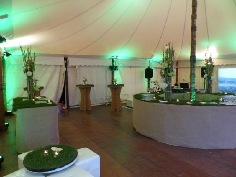 Soirée "Bio" sous chapiteau de bambou. Buffets et salons en gazon naturel.
